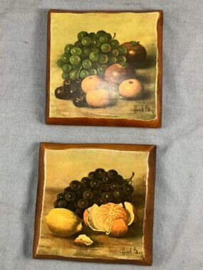 Pair of Vintage Wood Plaques Fruit Still Life 6" square